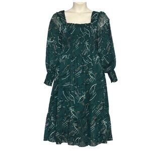 Nine West Womens‎ Dress L Green Sparkle Chiffon Smocked Midi Whimsigoth Fairy